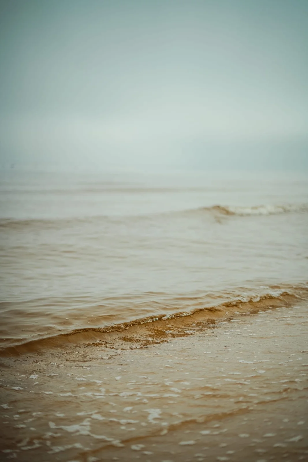 A small wave breaks in pale, hazy light close to the shore.